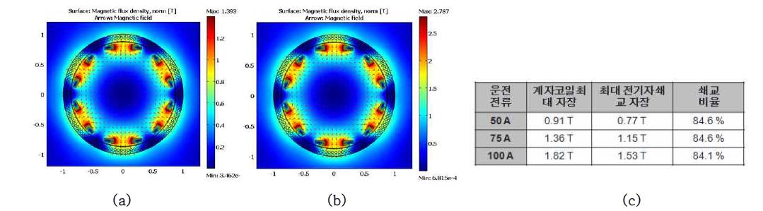 계자 코일 운전 전류에 따른 정지 상태의 자장 분포 특성 : 50 A (a) / 100 A (b) / 결과 비교 (c)
