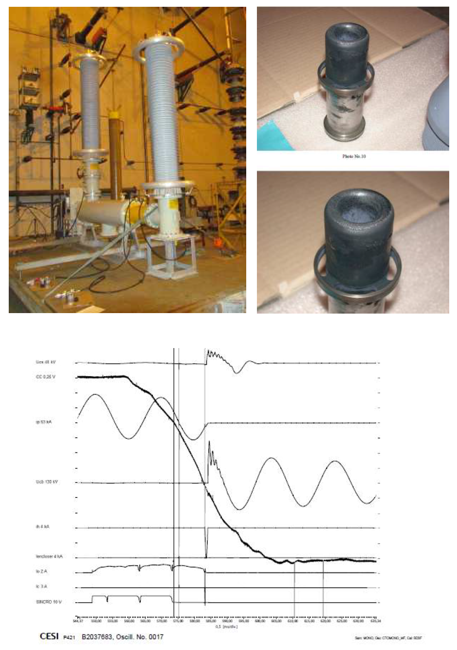 CESI 대전력시험소 시험 전경, 분해사진 및 측정파형