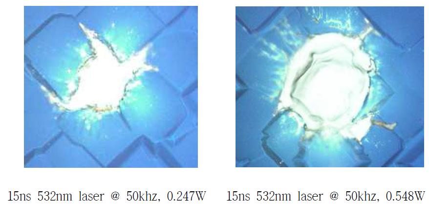 nano-second laser를 이용한 ablation 실험 결과