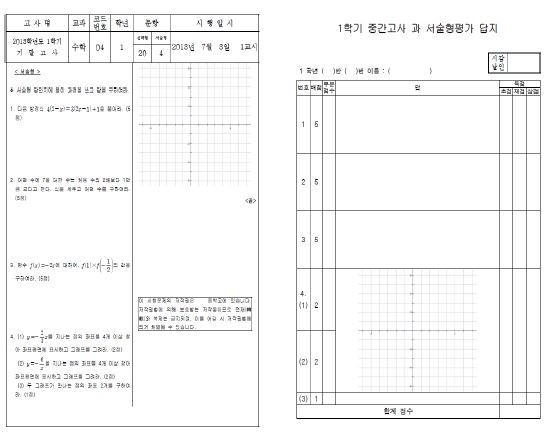 서울 S중학교 수학과 서술형 평가 문항 및 답안지 예시