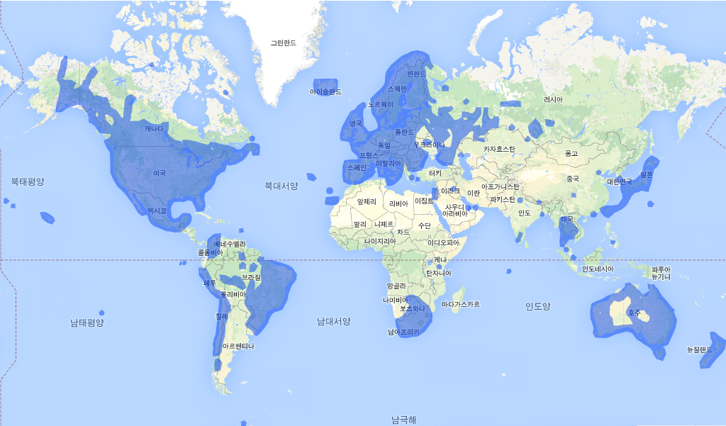 스트리트뷰 영상 이용가능 지역(2013년 기준)