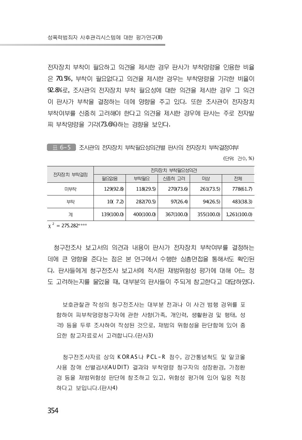 조사관의 전자장치 부착필요성의견별 판사의 전자장치 부착결정여부