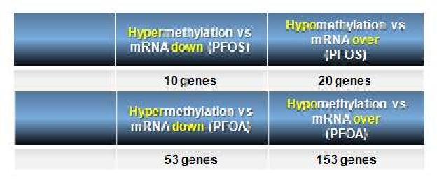 PFOS와 PFOA 특이 methylated site의 predicted target gene과 실제 mRNA expression 데이터 비교 분석