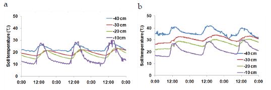 Soil temperature by heating pipes PE (a) and stainless (b).