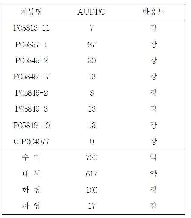 무방제 포장에서의 역병저항성 반응(대관령)