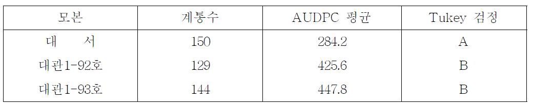 모본에 따른 AUDPC값의 터키검정 결과