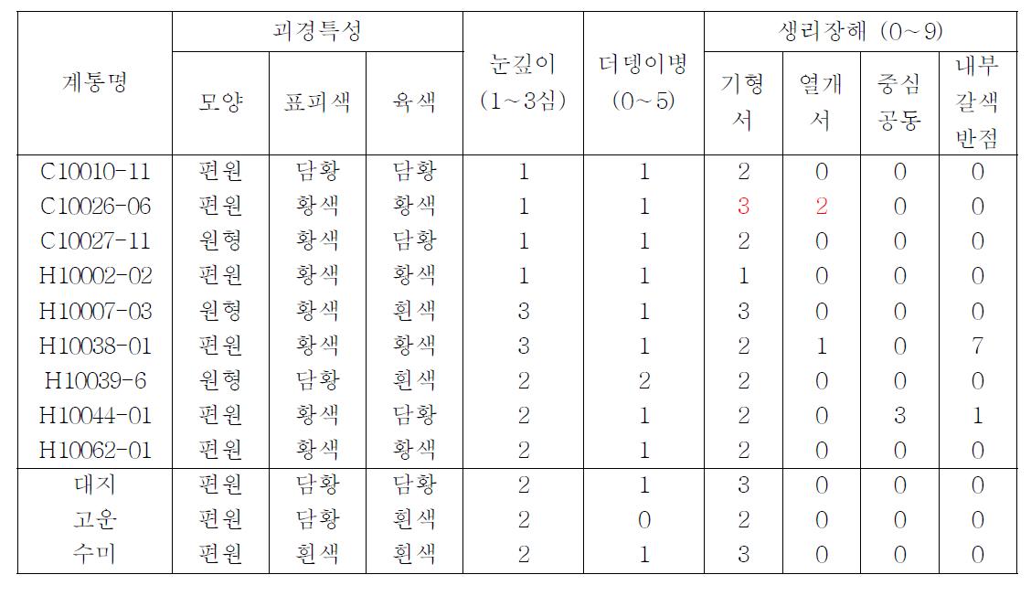 2013년 선발계통의 괴경특성 및 더뎅이병 발생