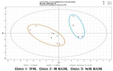 그림 17. SIMCA 이용, 2013년도 운광벼에서 답작경관에 따른 패턴 분석(오리자놀)