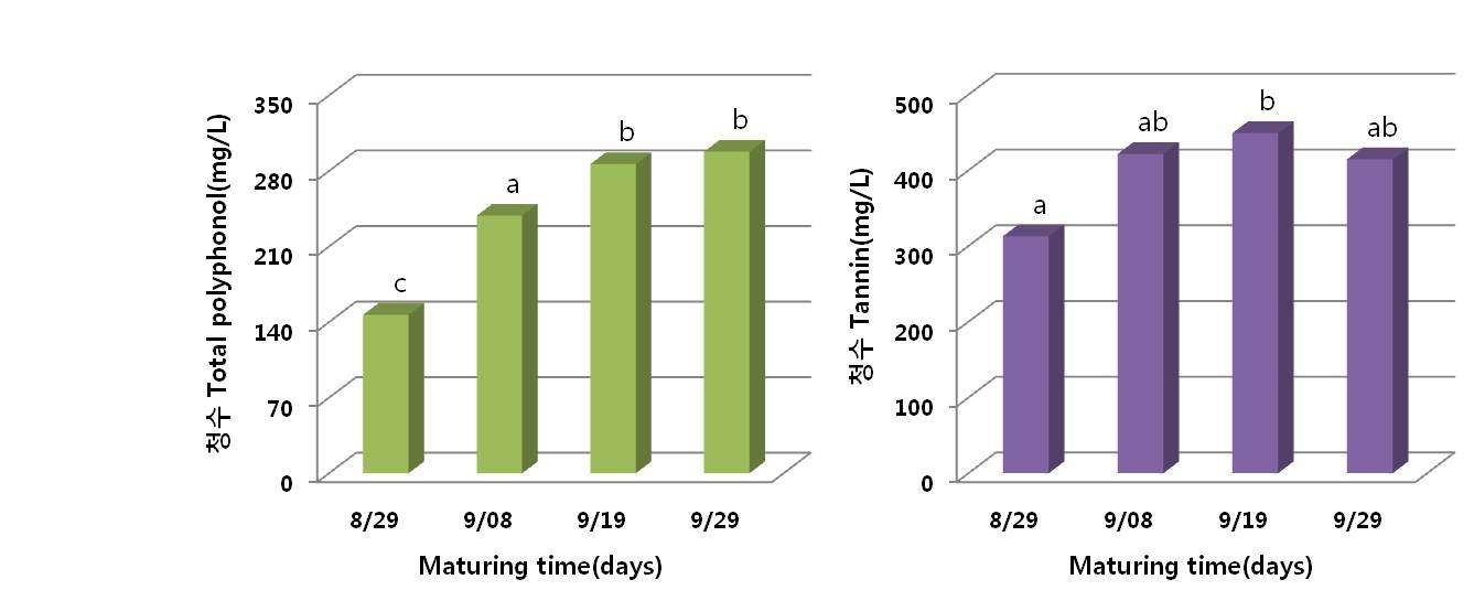 시기별 청수 포도주의 총폴리페놀 및 탄닌 함량