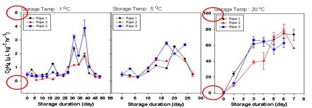 Ethylene production according to ripening stage and storage temperature in Oishiwase during storage