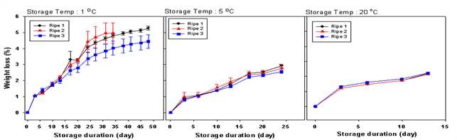 Weight loss according to ripening stage and storage temperature in Oishiwase during storage