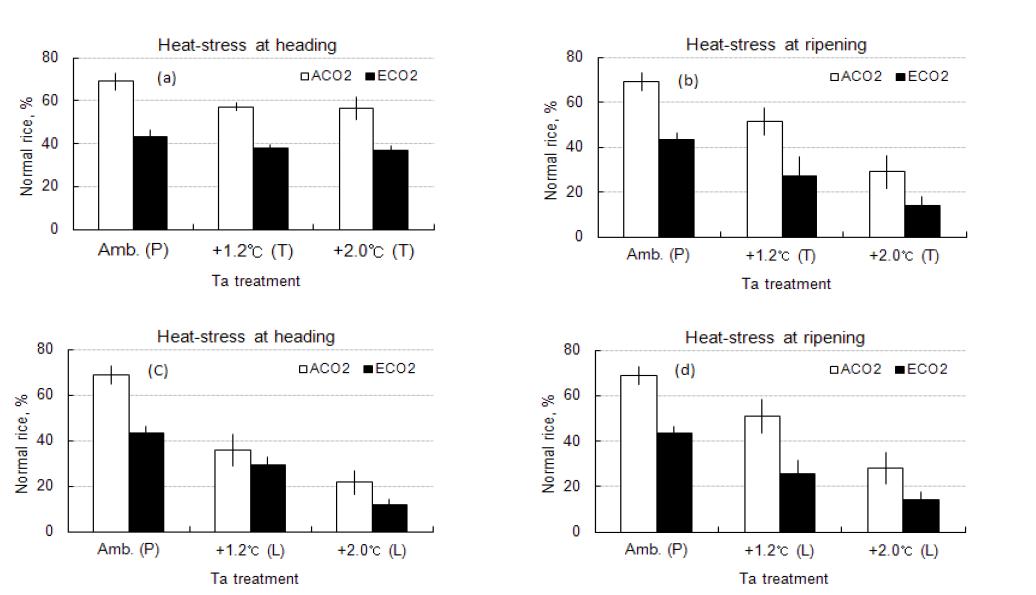 다양한 기후변화 시나리오 조건에서 출수기와 등숙기로부터 성숙에 이르기까지 일시적 [(T), a, b] 혹은 장기적 열파스트레스[(L), c, d]에 노출된 벼의 정상립 비율