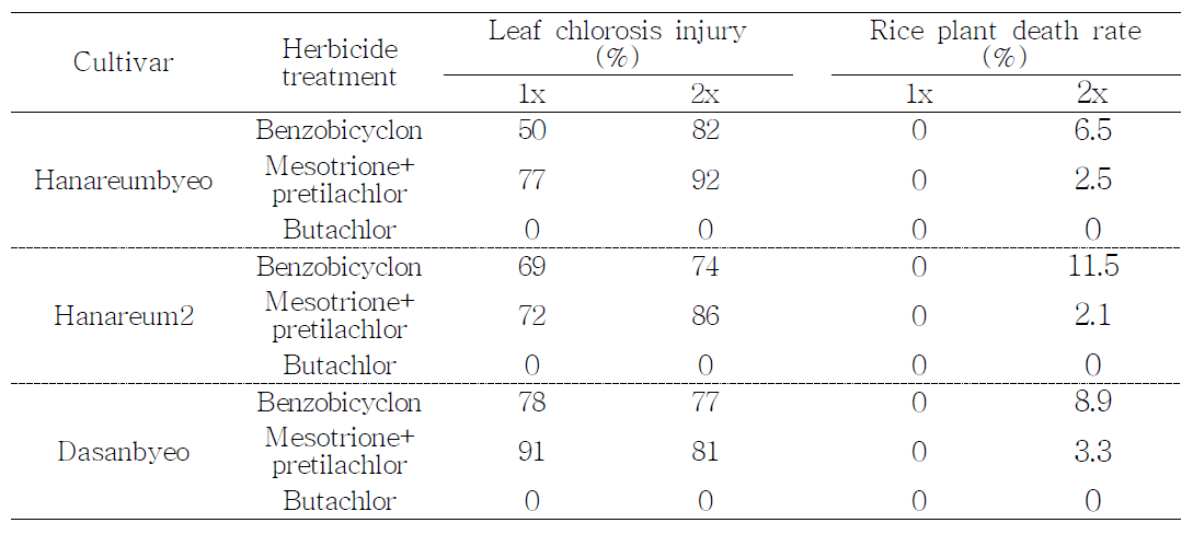 Leaf chlorosis injury of Indica×Japonica rice cultivars after preemergence application of benzobicyclon and mesotrione+pretilachlor as affected by herbicide treatment rate
