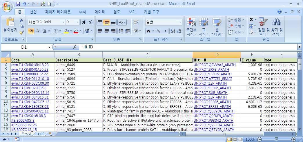선발된 배추 8,000개 SNP primer의 염기서열 이용 뿌리(root morphogenesis) 관련 GO annotation 분석결과(2010)