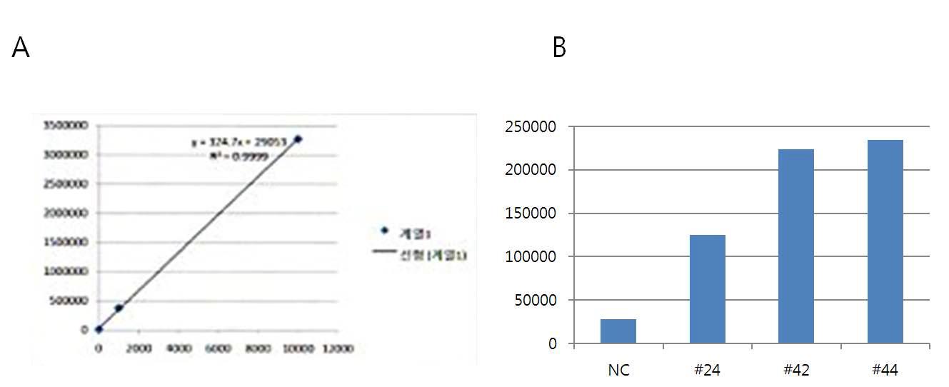 AtP260 프로모터 형질전환체의 자성배우체 MUS assay. A: 대조구의 정량 분포 그래 프. B: 형질전환체의 GUS 유전자 발현 검정 결과 NC: 대조구(서울배추)