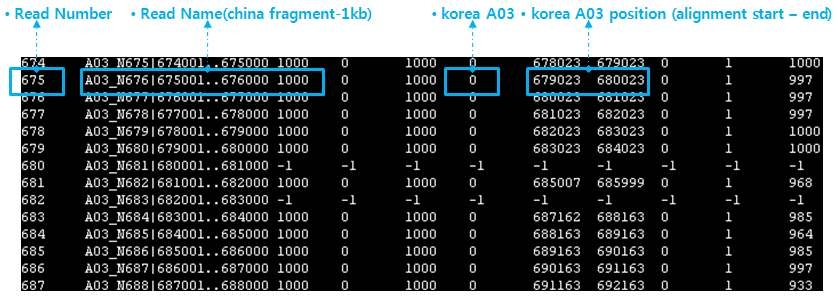 CLC NGS cell assembly 수행 결과 각 중국 서열 조각이 한국 A3 서열에 정렬된 예