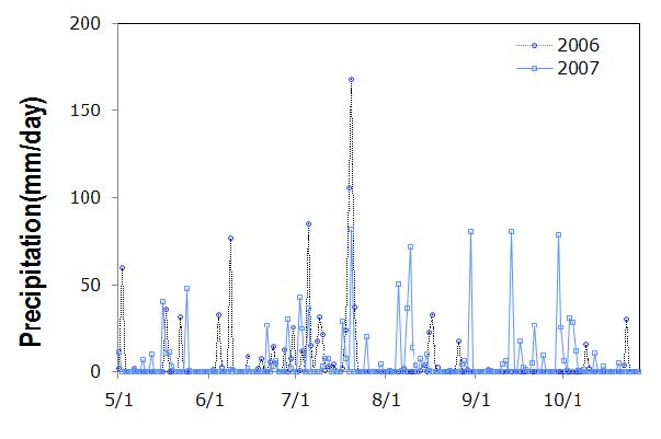 2006, 2007년 수원의 일 강우량