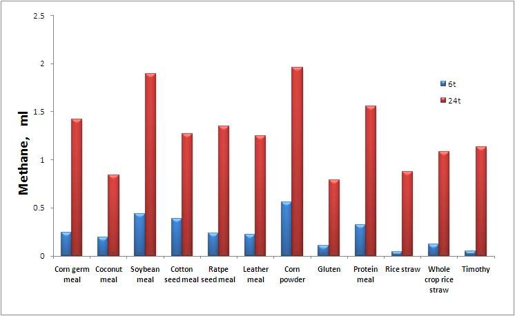 Differences in ruminal methane production in vitro fermentation for 6 and 24hr.