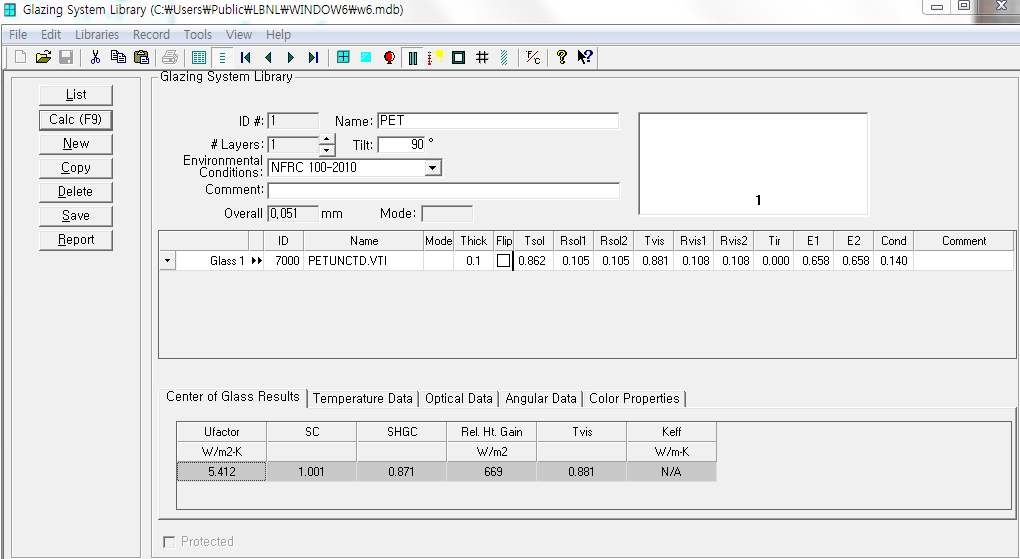 WINDOW 6 프로그램의 Glazing system 설정 과정(PET)