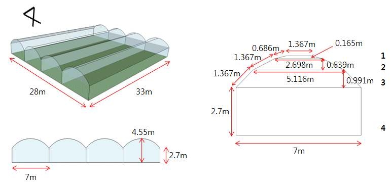 1-2W형 온실 구조 및 세부사항