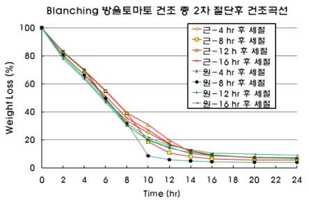 블랜칭을 실시한 방울토마토의 건조 중 2차 세절 후 건조수율