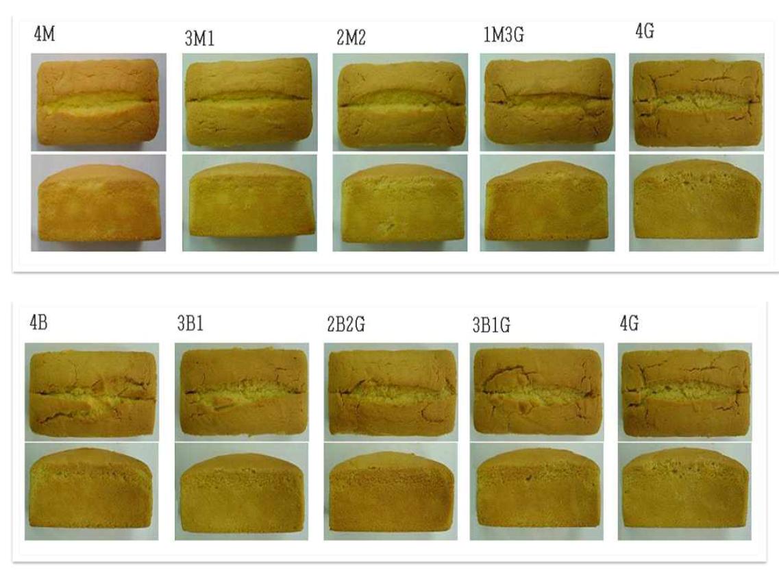 Top (up) and side shape (down) of rice poundcake with different ratio of milled rice flour (MRF), brown rice flour (BRF) and germinated brown rice flour (GBRF), 3M1G means the ratio of MRF versus GBRF was 3:1.