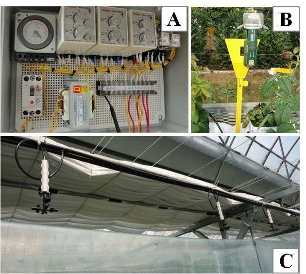 자동타이머 장치를 조합시켜 분무시간과 분무량을 조절한 제어장치 (A). 각 분무처리 구획마다 3개의 분무노즐을 설치하고, 옆의 간섭을 피하기 위해 처리간 비닐 차단막 설치 (C). 각 분무처리에 의한 온도 및 습도변화를 알아보기 위해 데이터 로거를 이용하여 온습도를 기록 (B).