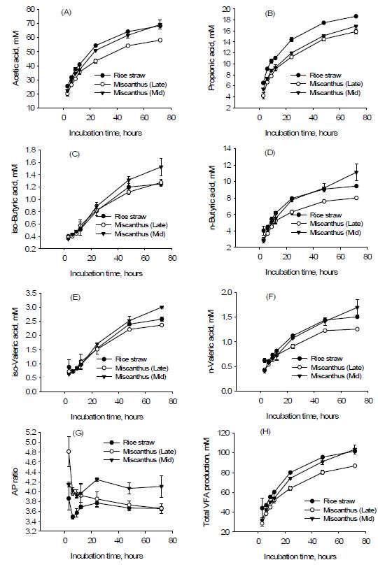 Volatile fatty acid production profiles during rumen simulated in vitro fermentation. Filled square is rice straw, empty square and reverse triangle are M iscanthus sacchariflorus var. in mature and mid growth stages, respectively. (A), acetic acid; (B), propionic acid; (C), iso-butyric acid; (D), n-butyric acid; (E), iso-valeric acid; (F), n-valeric acid; (G), acetate to propionate ratio; (H), total volatile fatty acid production.