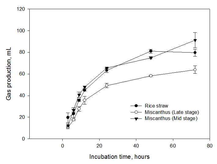 Gas production during rumen simulated in vitro fermentation. Filled square is rice straw, empty square and reverse triangle are M iscanthus sacchariflorus var. in mature and mid growth stages, respectively.