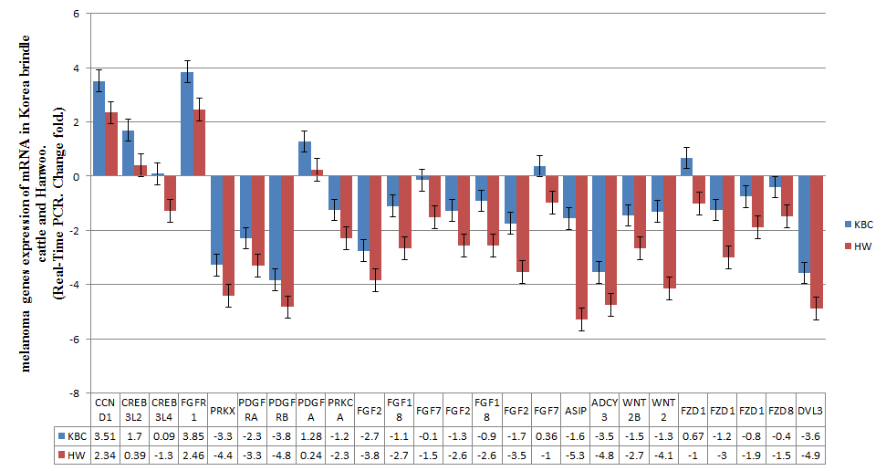 Real-Time PCR of melanoma gene expression in mRNA between korean brindly cattle and Hanwoo. KBC : Korean brindly cattle, HW : Hanwoo.