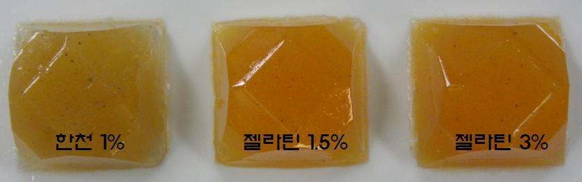 Photographs of Gwapyeon made with persimmon pulp by gelling agents.