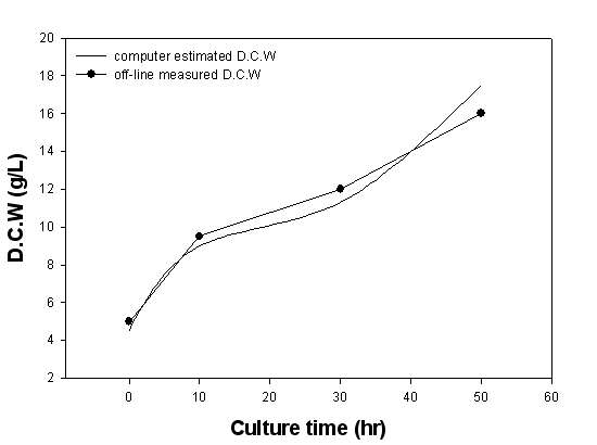 Comparison of Dry Cell Weight measured based on on-line data of oxygen uptake rate and off-line data of dry cell weight in batch fermentation of S.crispa
