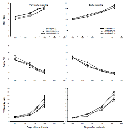 Changes of total soluble solid (TSS), acidity, and TSS:acidity in juice extracted from LY and LS fruits of some mandarin cultivars with different development stages. Veritcal bars represent mean켚E (n=5).