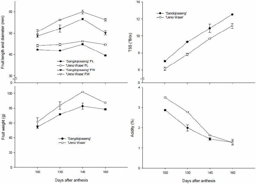 Changes of fruit growth, TSS(oBrix), and acidity at the different development stages of ‘Sangdojosaeng and ‘Ueno Wase’ very early satsuma mandarins. Vertical bars represent mean ± SE (n=5).