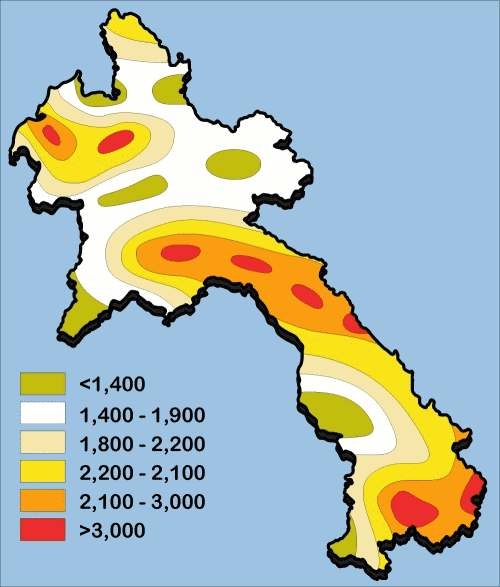 라오스에서 강우량 지역적 분포
