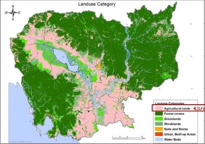 토지이용 현황도(저지대 농경지:분홍, 고지대 밭, 산림지(초록)