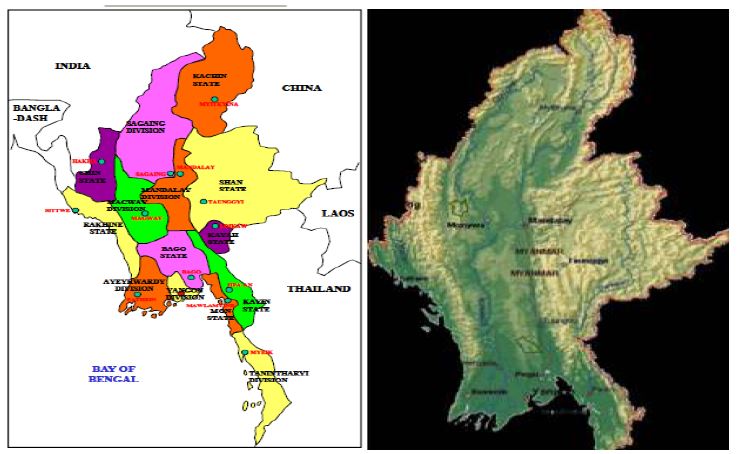 미얀마 지형(우) 및 국가행정도(좌)