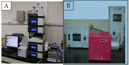 페놀 및 휘발성 유기 화합물 탐색을 위한 HPLC(A) 및 TE(B) 기기.