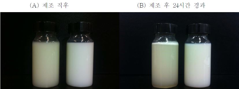 일반 균질화로 제조된 coating제(좌)와 초고압 균질화로 제조된 coating제(우)