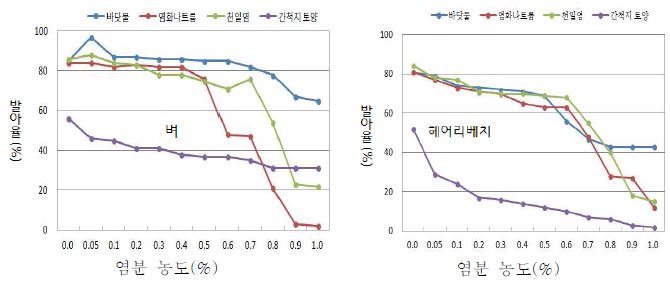 염분 농도별 벼 및 헤어리베치 발아율 변화(처리 7일후)