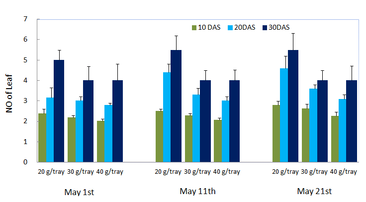 Effects of seeding dates, seeding tray and seedling days for nursery periods on number of seedling leaf in seedling nursery for machine transplanting of barnyard millet