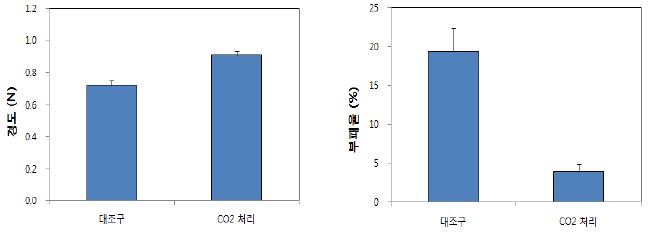 진주에서 CO2 처리한 ‘매향’ 딸기 저장 11일 후 경도 및 부패과율