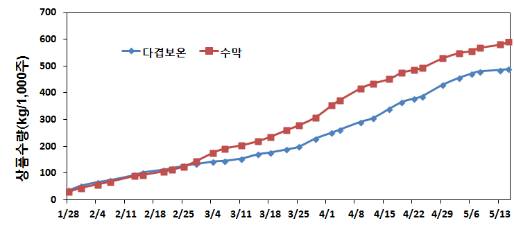 다겹보온커튼 차광에 따른 상품수량 비교 (kg/1,000주)