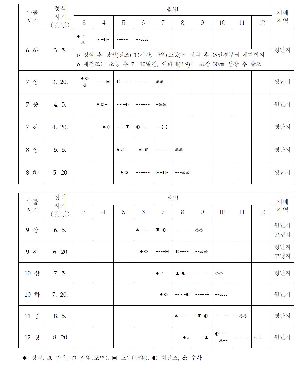 국산국화 ‘백마’ 수출시기별 재배작형 모식도 (2차년도, 2013)