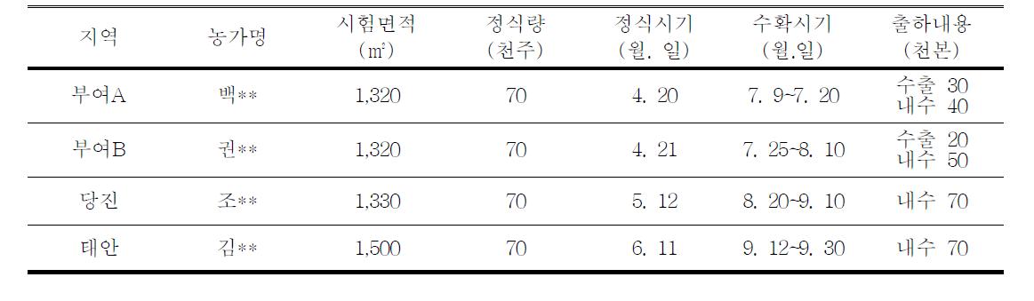 2012년 농가별‘백마’재배현황(1년차)