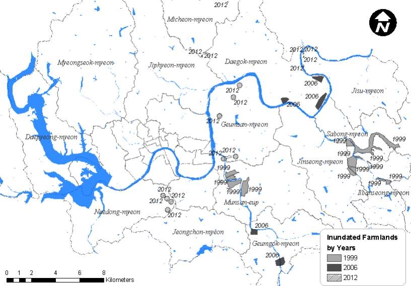 연구지역 내 침수피해발생지점 (1999년부터 2012년)
