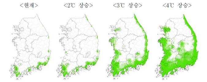 기온상승에 따른 스트로베리 구아바 재배적지 변동 예측도