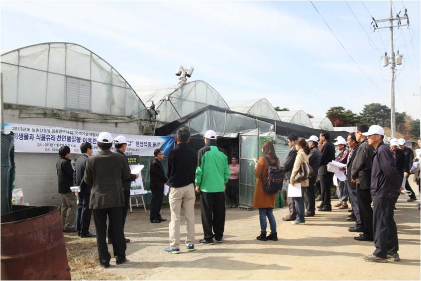 Demonstration of field treatment in cucumber house with many farmers.