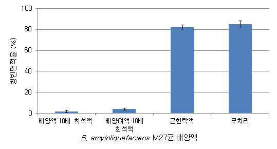 Control effect of cucumber powdery mildew by treatment with culture liquid, culture filtrate of LB broth and cells of B. amyloliquefaciens M27