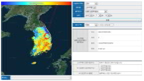 마우스포인터가 위치한 지점의 병해충 예측 결과치가 지도 상단의 범례 막대에 표시되는 예시 화면